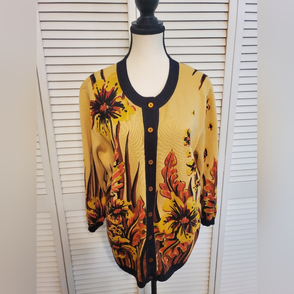 Bob Mackie Wearable Art Gold Floral Sweater, Size Large